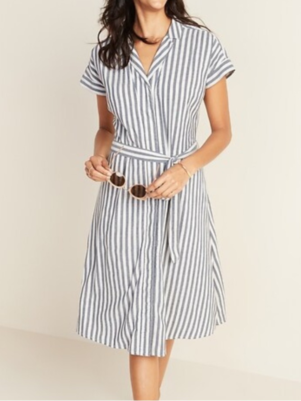 Striped Button-Front Shirt Dress in Navy and White